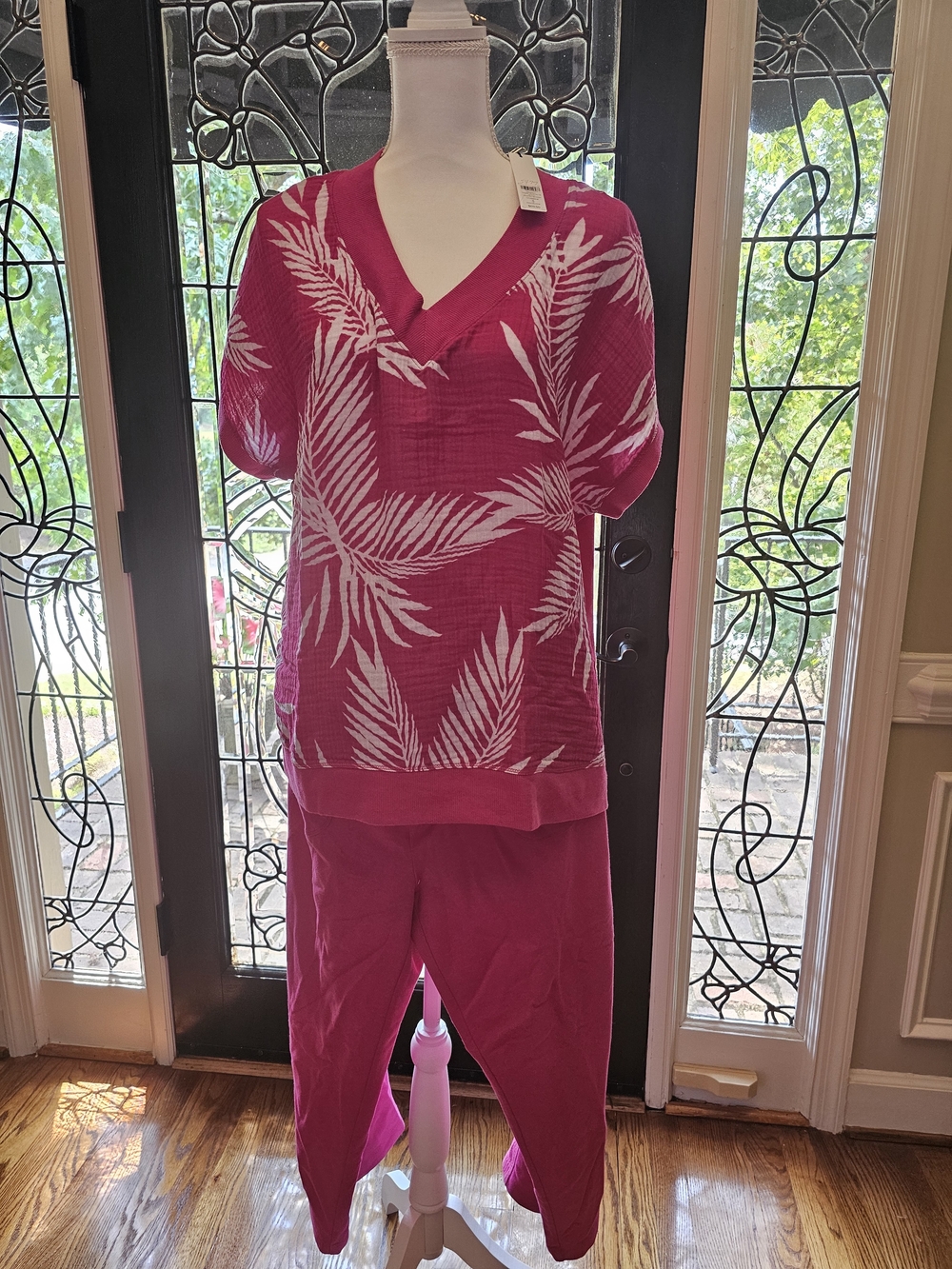 NWT Chico’s Size 3 Pink Palm Print Casual Top & Pants 2 Piece Set XL 16/18